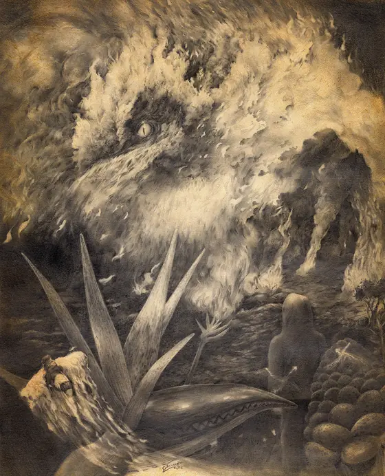 Graphite drawing of a phoenix head emerging from flames above agave leaves and a seated figure, BURN series by Alexander Lidström
