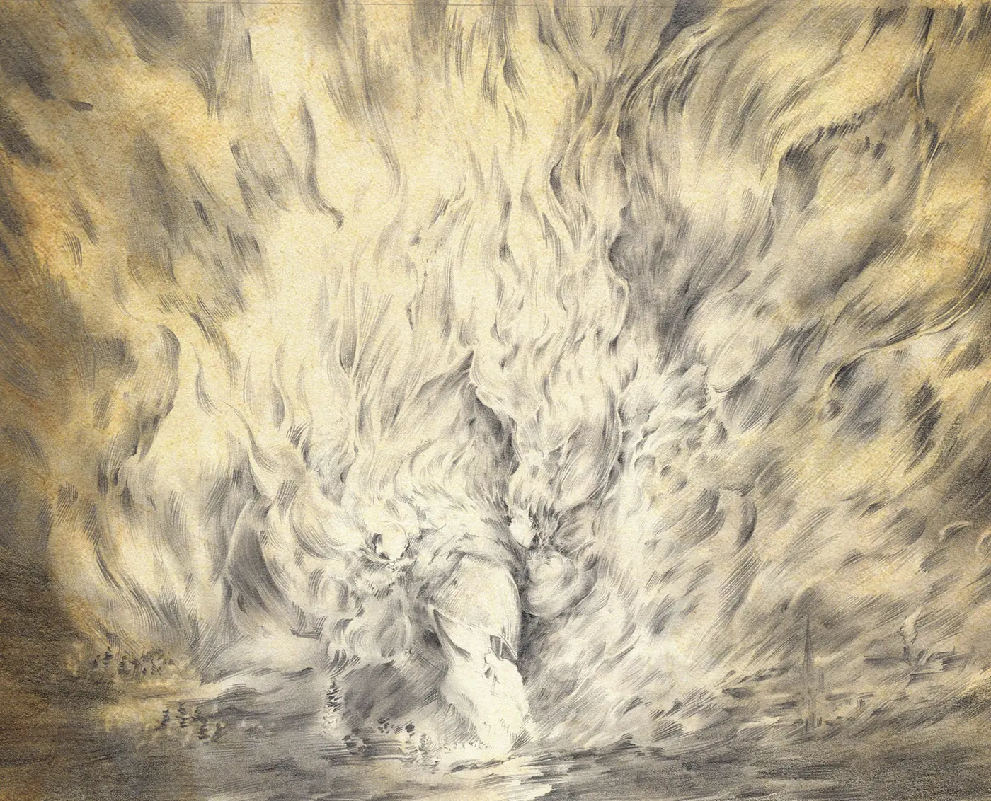 Landscape graphite drawing of a phoenix rising from a towering wall of flame, original graphite drawing from the BURN series