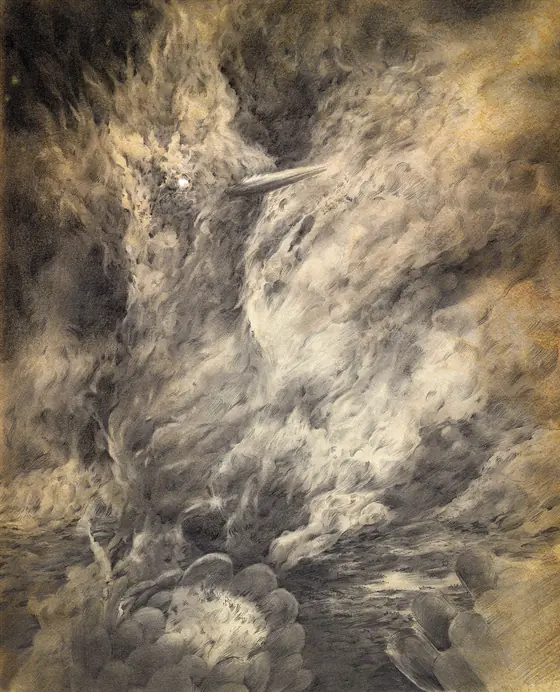 Graphite phoenix bursting through dark smoke and fire, BURN series by Alexander Lidström
