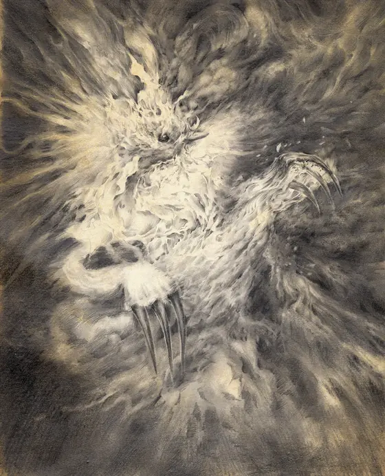 Graphite phoenix with outstretched wings in a radiant burst of flame, BURN series by Alexander Lidström