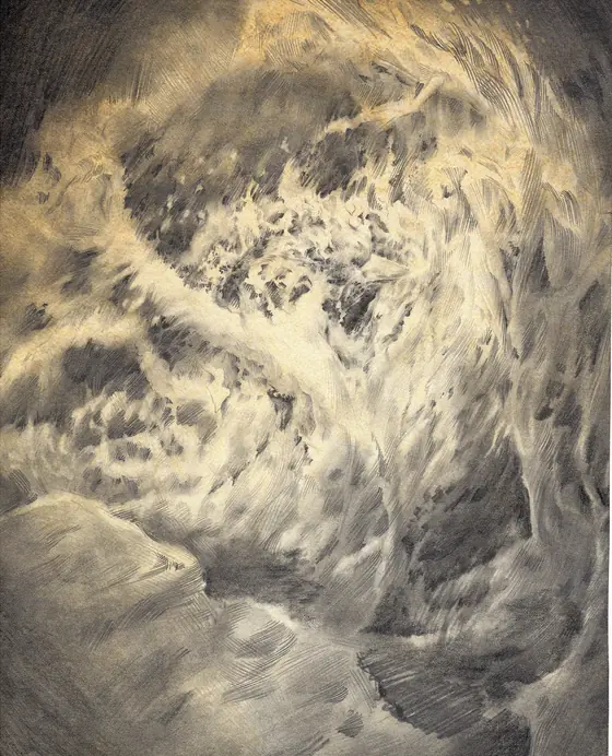 Graphite phoenix spiralling through a fiery vortex, BURN series by Alexander Lidström
