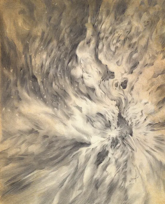 Graphite phoenix exploding outward in streaks of flame, BURN series by Alexander Lidström