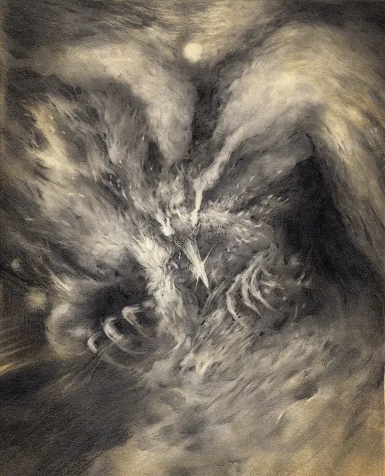 Dark graphite phoenix with spread wings in heavy shadow, BURN series by Alexander Lidström