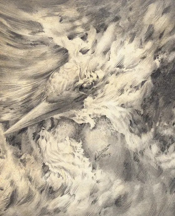 Small graphite phoenix diving through feathered flames, BURN series by Alexander Lidström