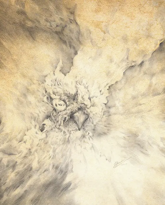 Graphite phoenix ascending in pale, glowing light, BURN series by Alexander Lidström