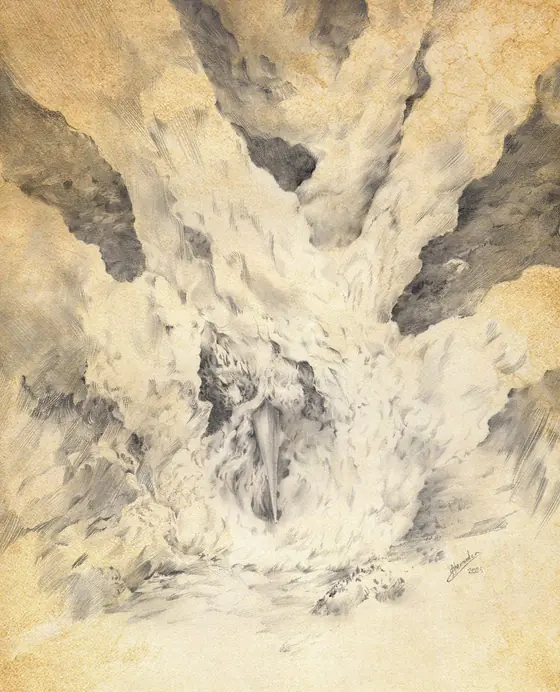 Graphite phoenix rising between flame-wreathed cliffs, BURN series by Alexander Lidström