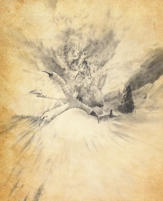 Graphite phoenix soaring over a bright burst of fire, BURN series by Alexander Lidström
