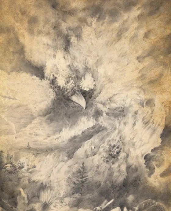 Graphite phoenix swirling amid smoke and embers, BURN series by Alexander Lidström