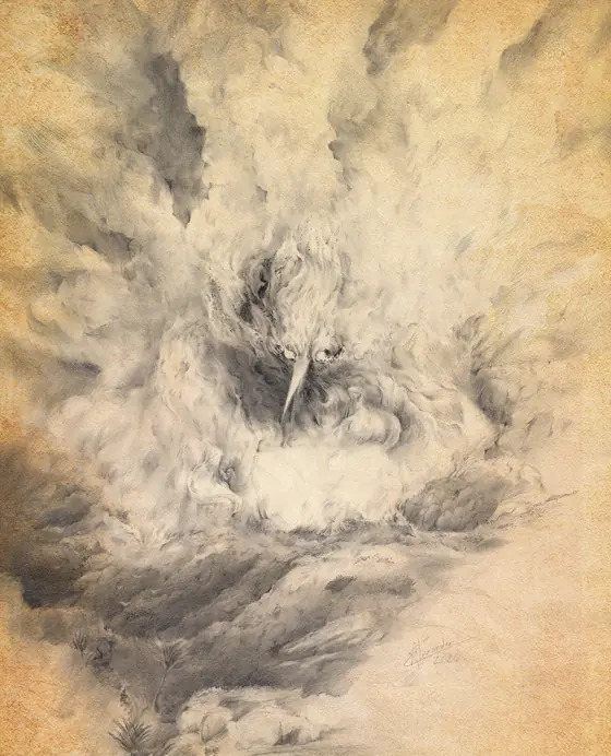 Graphite phoenix nested in a crown of flame, BURN series by Alexander Lidström