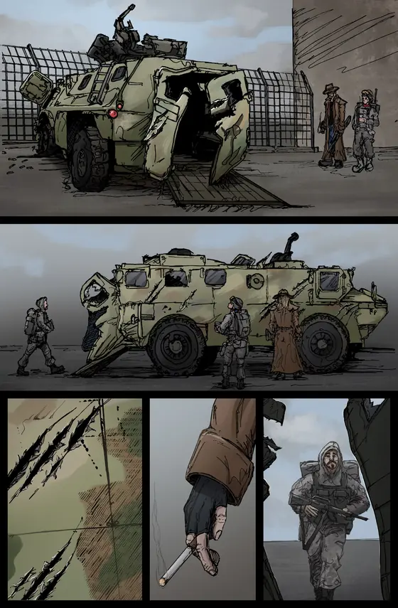 Colored page from Techni-Gods by Quash Comics: Armored vehicle and soldiers at a fenced checkpoint