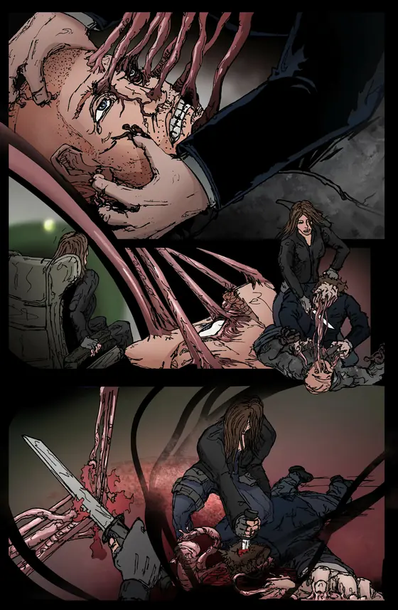 Colored page from Techni-Gods by Quash Comics: Close-up of a violent struggle
