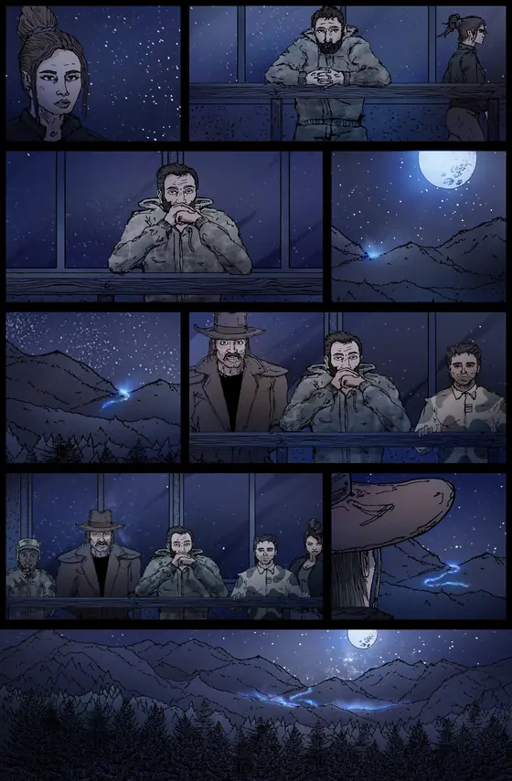 Colored page from Techni-Gods by Quash Comics: Night-time scene of men at a balcony under a full moon