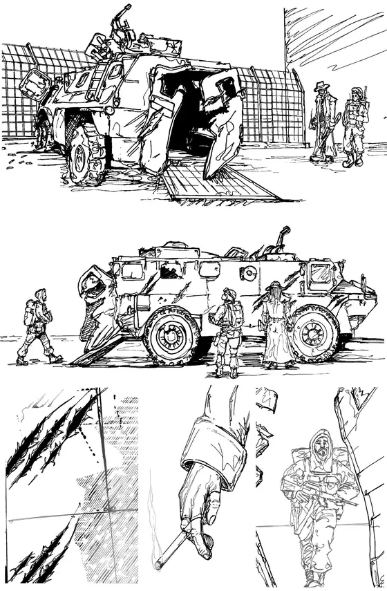 Pencils and inks of the same page: Armored vehicle and soldiers at a fenced checkpoint