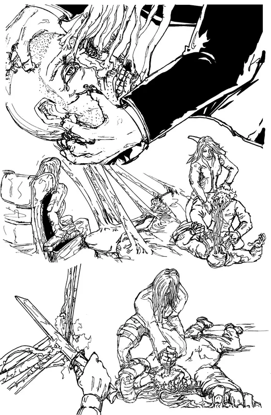 Pencils and inks of the same page: Close-up of a violent struggle