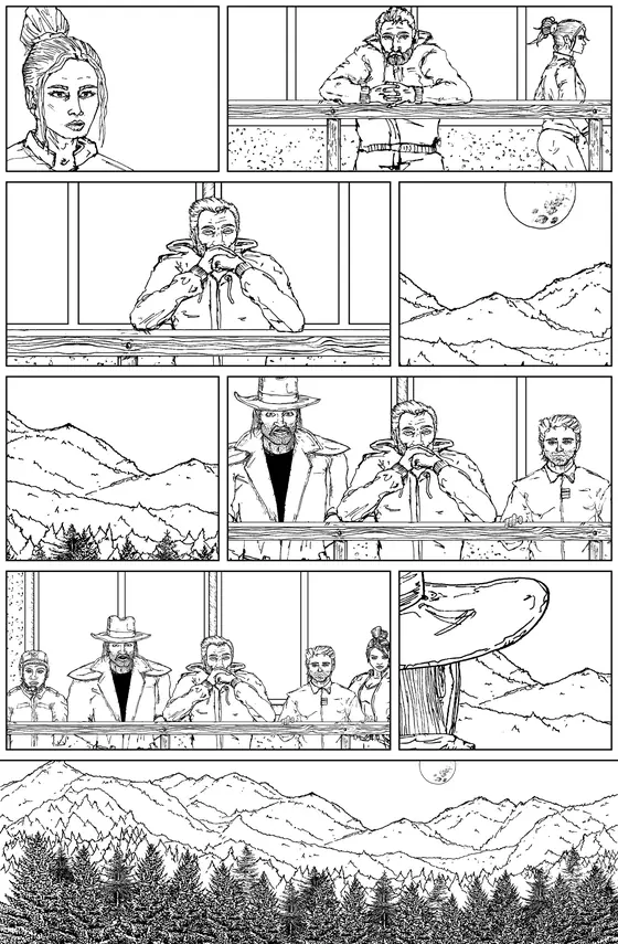 Pencils and inks of the same page: Night-time scene of men at a balcony under a full moon