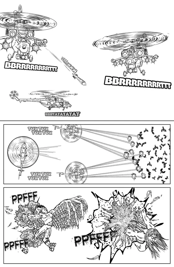 Pencils and inks of the same page: Helicopter battle