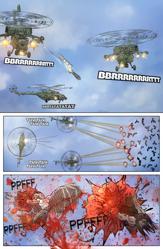 Colored page from Techni-Gods by Quash Comics: Helicopter battle