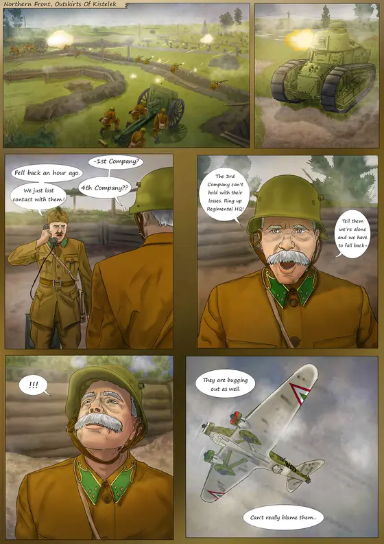 War comic page in earthy greens and browns
