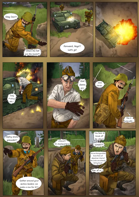 Battlefield comic page with explosive highlights