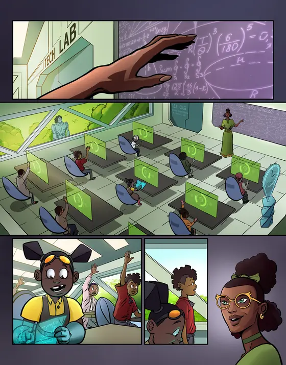 Bright sci-fi classroom comic page