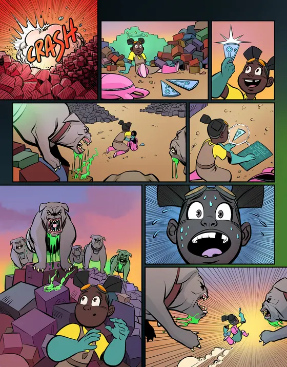 Colorful kids comic page full of action
