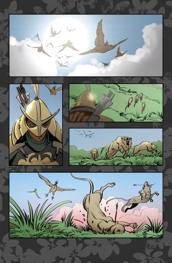 Atmospheric fantasy page with dragons over grassland