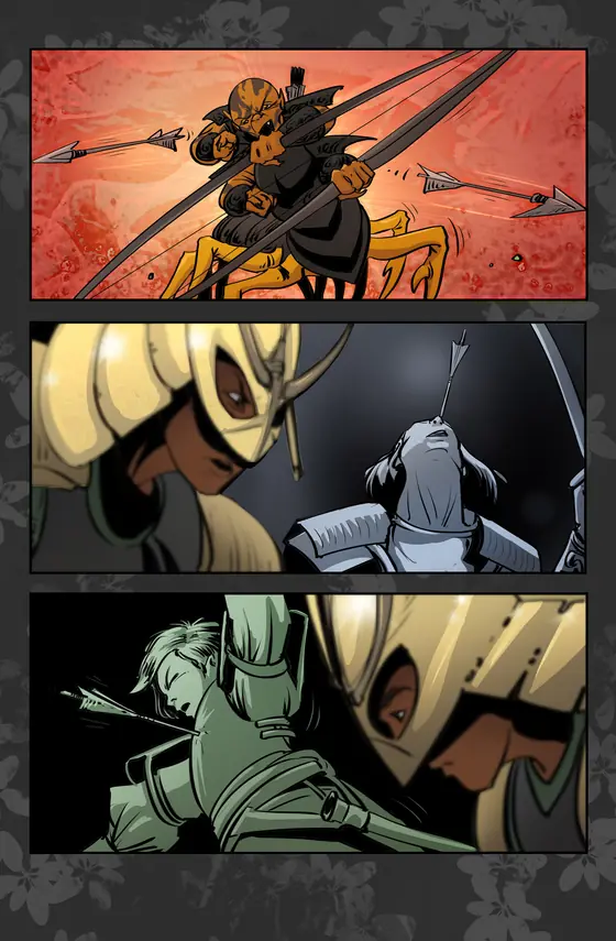Gritty fantasy page in dark, muted tones