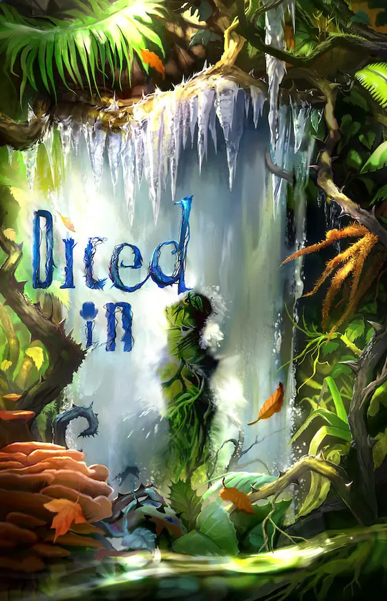 Cover art for the Diced In anthology: a mossy giant beneath a jungle waterfall
