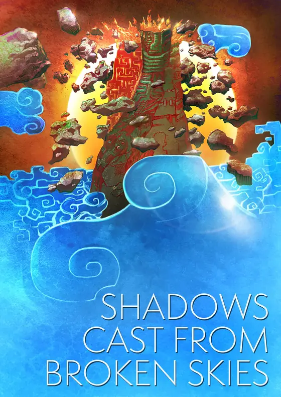 Cover art for Shadows Cast from Broken Skies: a fiery island floating above stylised blue waves