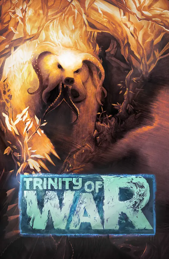 Cover art for Trinity of War: a hulking beast in golden smoke
