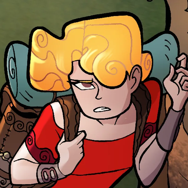 Detail from The Usual Jim: a girl in red with a backpack, looking unimpressed