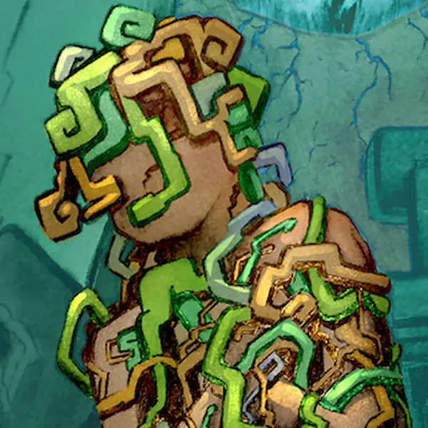 Detail from The Usual Jim: a figure of stone and tangled green vines